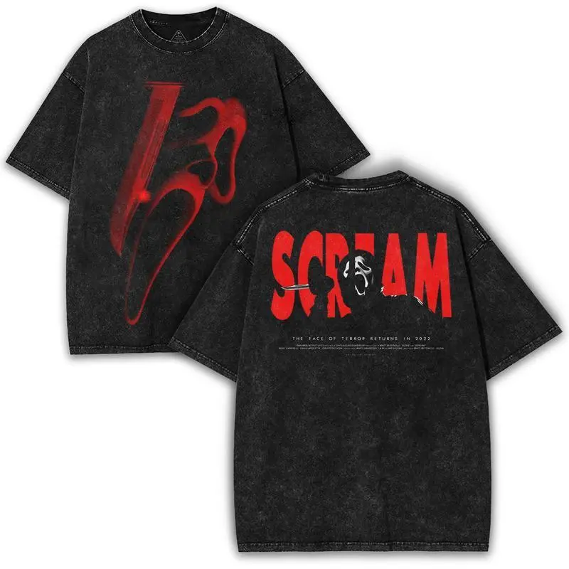 Men's Oversized Retro Washed Distressed Short-Sleeve T-Shirt - Red Horror Pattern Double-Sided Printed Creative Funny Face Top, Festive Retro Slasher Movie Streetwear Collector Item, Tshirt, Shortsleeve, Round Neck, Casual, Mensfashion, Collectibles, Mult