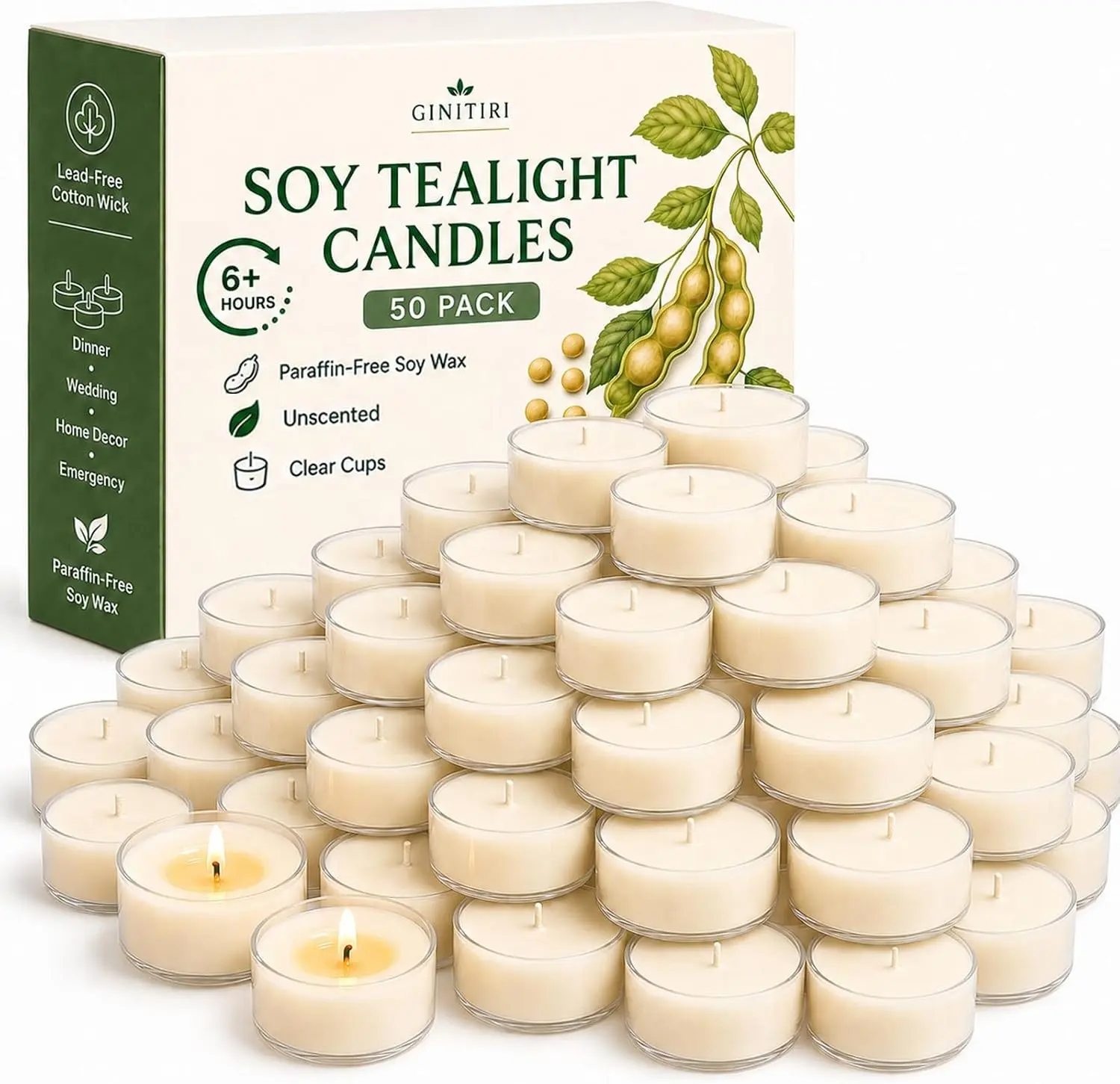 Soy Tealight Candles 50 Pack,6-Hour Unscented Tea Lights Bulk | Paraffin-free Soy Tea Lights,Clear Cups,Lead-free Cotton Wicks,for Dinner,Wedding,Home Decor,Bathroom,Meditation,Emergency