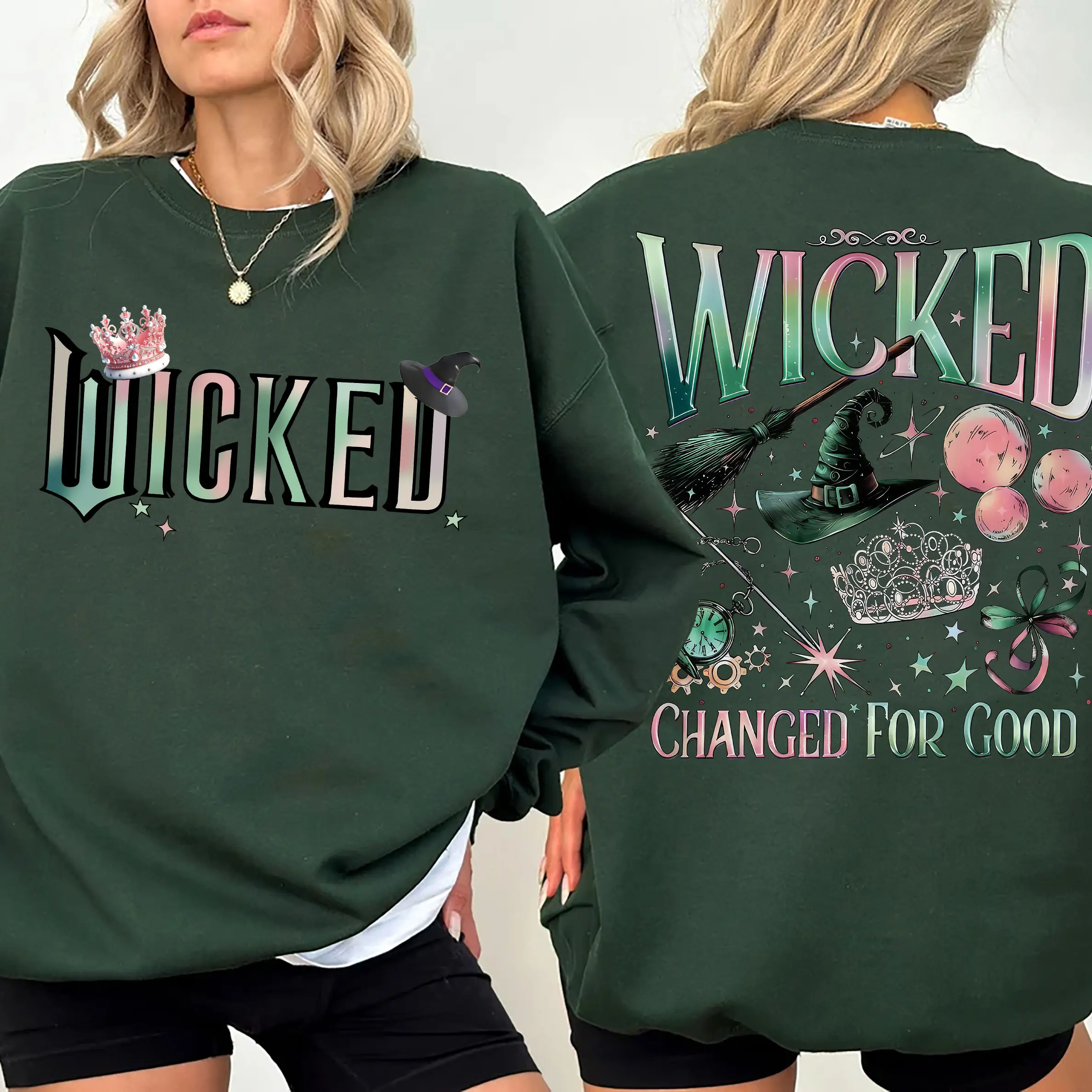 Wicked Movie 2-Sided Shirt, Wizard of Oz Fan Apparel, Pink and Green Witch Youth Shirt, Pop Culture Graphic Wicked Musical Tee