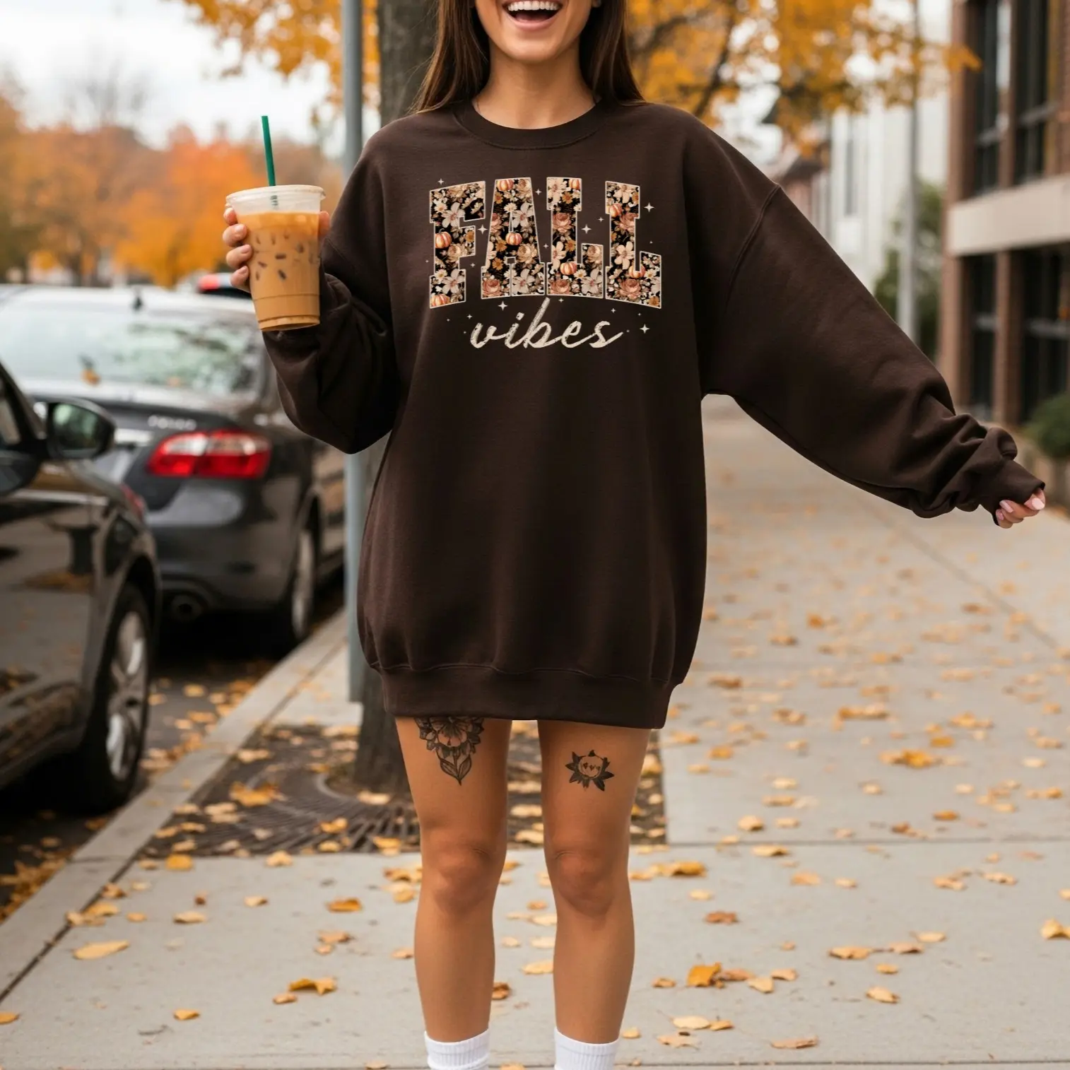 Gildan FALL Vibes Sweatshirt-Brown Neutral Colors Fit Womenswear Long Sleeve Crewneck Pullover Casual Tops XS-2XL