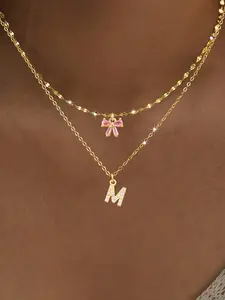 Women's Stainless Steel Letter Pendant Necklace Set, Elegant Multi-Layer Design, Zirconia Embellished Bow Charm, All-Season Jewelry, Initial Letter Necklace