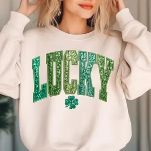 [Sale Up To 45%] Lucky St. Patrick’s Day Sweatshirt Irish Clover Shamrock Tee, Cute Sequin Glitter Green Lucky Shirt