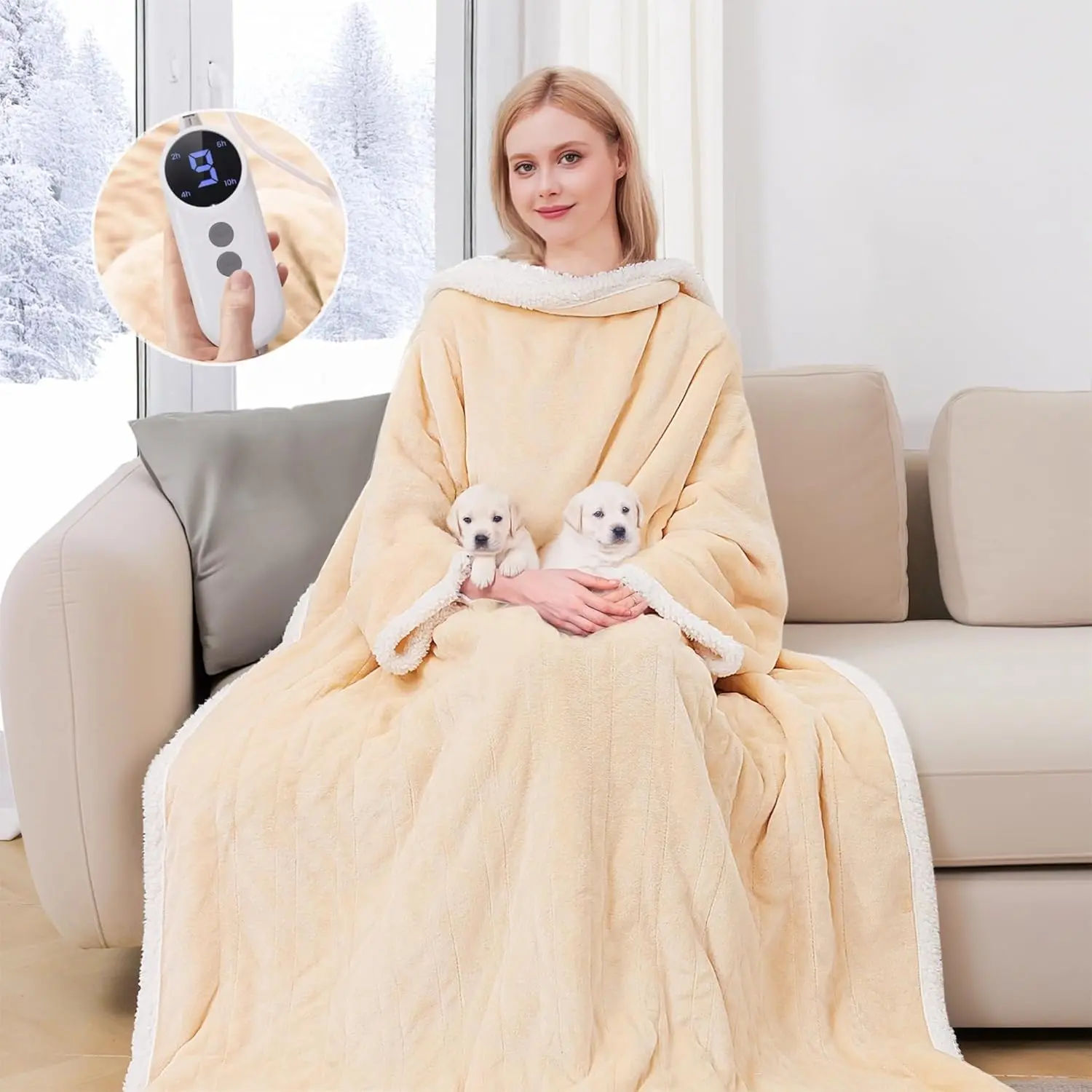 Wearable Heated Blanket with Sleeves, Electric Heated Robe with Foot Pockets, Electric Snuggie for Women, 9 Heating Levels & 2-10 Hours Timer, 50"x70" (Lig