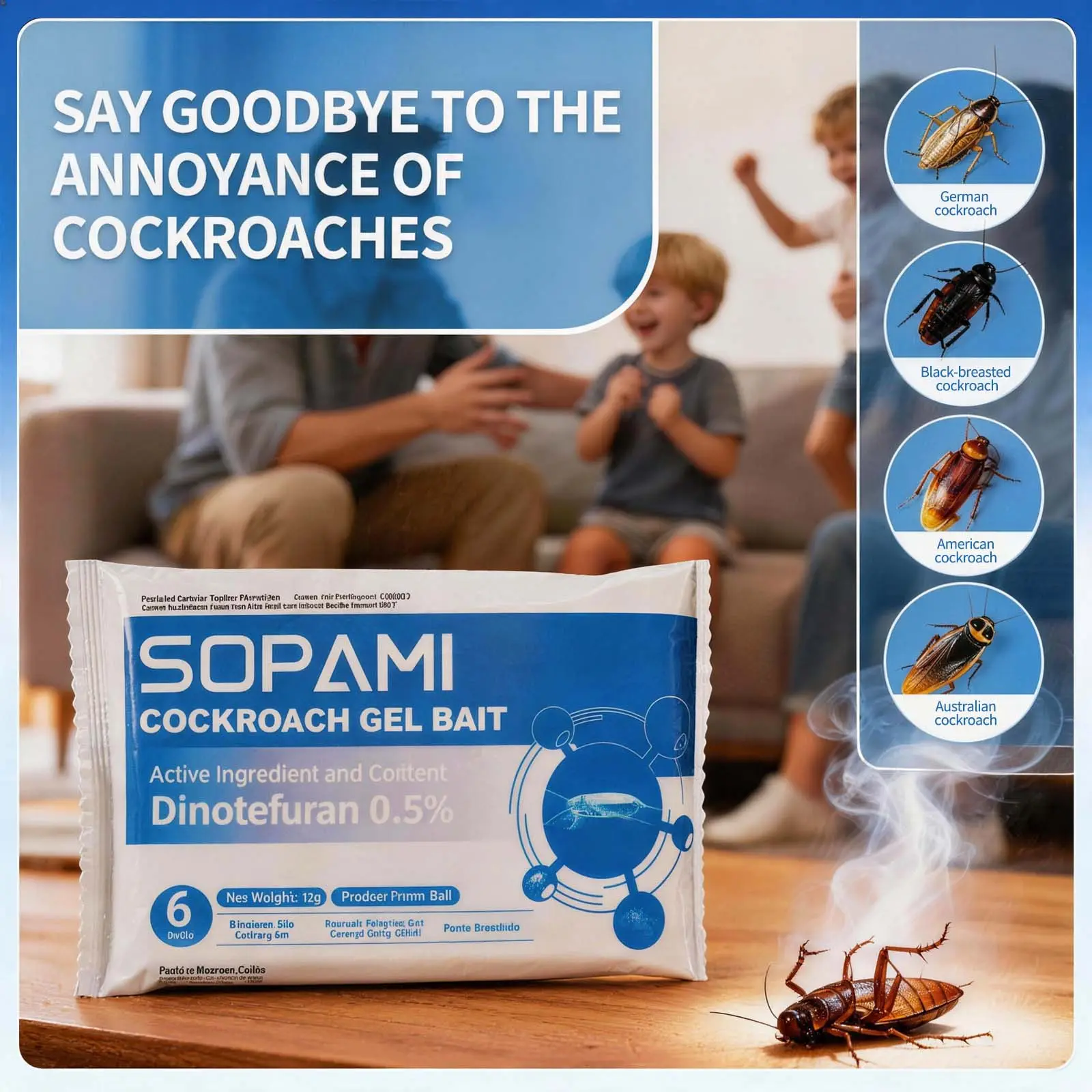 SOPAMI Cockroach Gel Insecticidal Bait - Small Size, 0.5% Dinetofuran Active Ingredient, Non-Magnetic, for Kitchen & Indoor Cockroach Control-BD