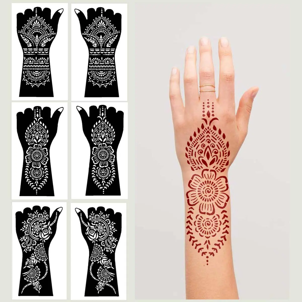 Henna Tattoo Stencils Design, 6 Sheets Vintage Hand Temporary Tattoo Stickers, Self Adhesive Tattoo Templates for Bride Wedding, DIY Flash Body Art Tattoo