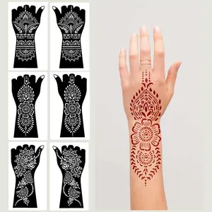 Henna Tattoo Stencils, 6 Sheets Vintage Hand Temporary Tattoo Stickers, Self Adhesive Tattoo Templates for Bride Wedding, DIY Flash Body Art Tattoo