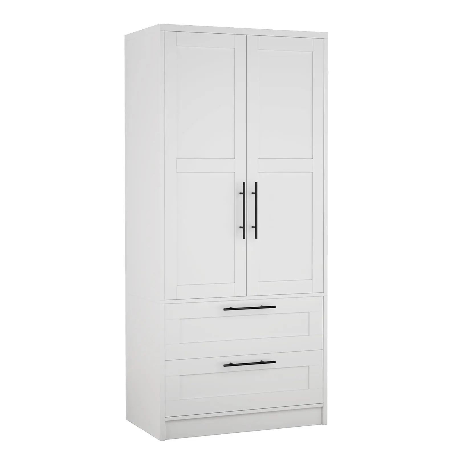 GARVEE Wooden Wardrobe with 2 Drawers, Freestanding Clothes Cabinet with Door and Shelves, Wooden Wardrobes for Bedroom, Laundry Room, Closet, White
