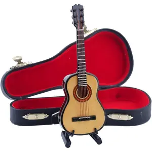 Wooden Miniature Guitar with Stand and Case Mini Musical Instrument Guitar Replica Collectible Figurines Dollhouse Accessories Model Home Decoration Display Ornament (5.12"x1.85"x0.67")