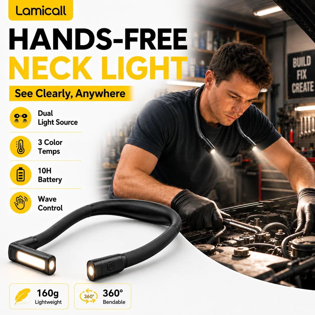Lamicall Multifunctional Adjustable USB LED Neck Lamp - 2.5W, 3 Color Temps, Dual-Light Source, Long Battery Life, USB-C Charging, Portable Camping Gear for Hiking/Light Outdoor, LED Headlamp Lanterns, Portable Lanterns, Portable Led Lanterns