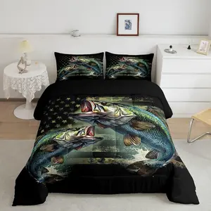 Pike Fish Comforter Set,American Flag Bedding Set,Bass Big Fish Comforter,Fishing and Hunting Green Duvet Set for Boys Girls Teens