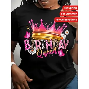 Women's "Birthday Queen" Graphic T-Shirt - Casual Crew Neck, Short Sleeve Top with Glittery Crown Design, Comfortable Polyester Blend, Perfect for Spring & Summer Celebrations, Casual Summer Top|Vibrant Print Shirt|Micro Elasticit