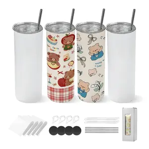 4-Pack 20oz Skinny Stainless Steel Tumbler Blanks, Double Wall Insulated Water Bottles with Blank Surface, Lids, Straws, for DIY Personalized Customization
