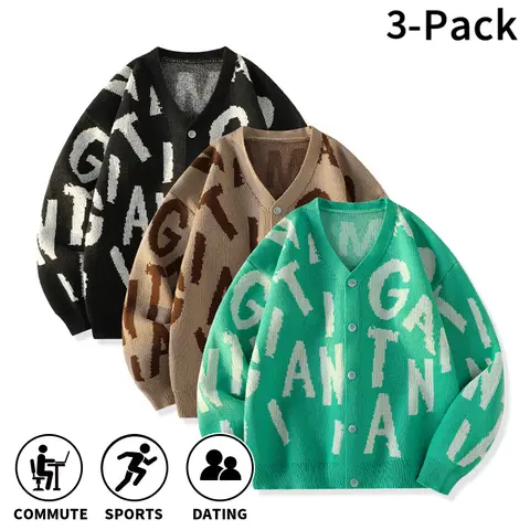 3-Pack Men V-Neck Knit Cardigan, All Over Letter Print Button Down Sweater, Loose Long Sleeve Casual Knitted Jacket for Teen & Young Men, Autumn Winter Daily Commute Dating Streetwear