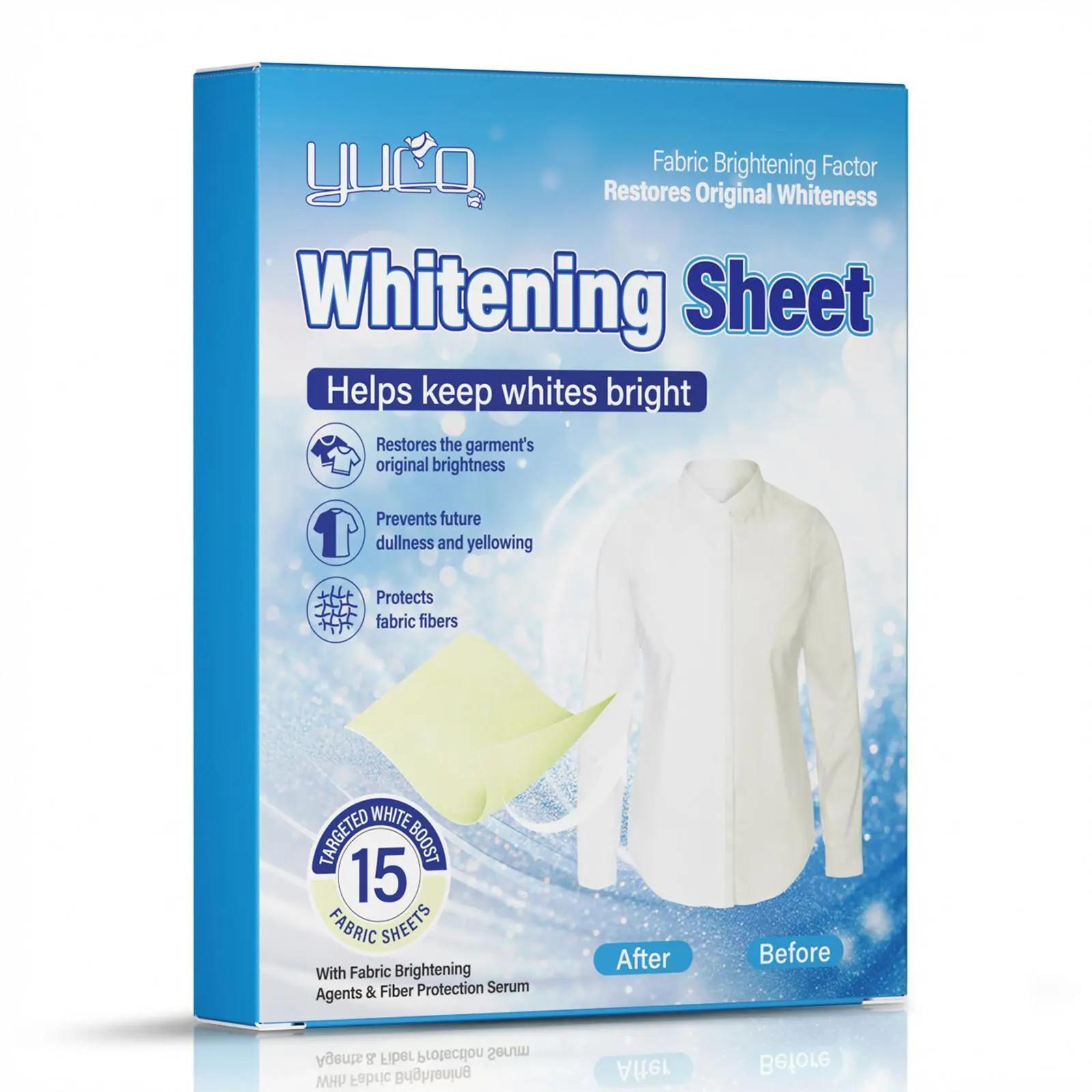 YUCO Laundry Whitening Sheets Restore White Clothes Bright White Formula Removes Yellow Stains Deep Clean Fast Dissolve Safe for Shirts Socks Towels Bedding 15 Sheets power pax