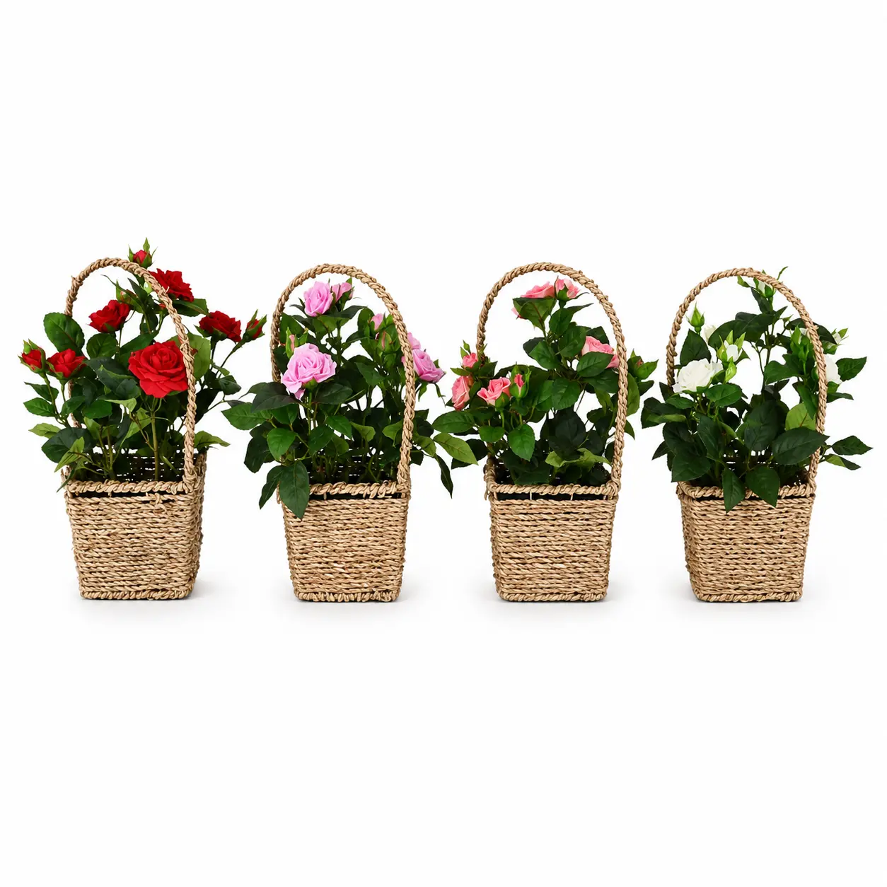4-Pack Decorative Artificial Rose Basket Set - Faux Floral Rose & Leaf Arrangements in Rustic Woven Baskets, Assorted Colors, Compact Low-Maintenance Decorative Vases Tabletop Home Decor for Bathroom, Wedding