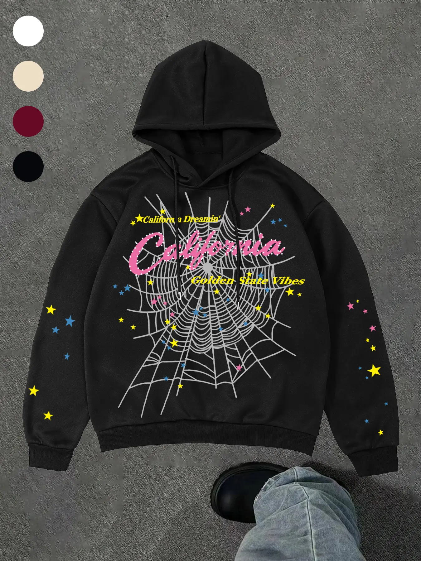 Hooded Spider Web Graphic Hoodie, Aesthetic, Street Punk Style, Colorful Star Print Sleeves, Casual Fit, Fall & Winter Fashion
