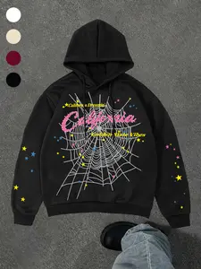 Hooded Spider Web Graphic Hoodie, Street Punk Style, Colorful Star Print Sleeves, Casual Fit, Fall & Winter Fashion