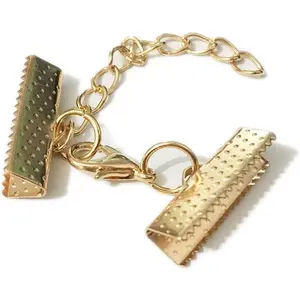10 Set Ribbon Clamp Crimp Ends Beads Flat Cover With Lobster Claw Swivel Clasps Extension Chain Jump Rings Cords End Caps String Leather Clip Foldover Necklace Bracelet Connectors (KC Gold Crimp 20mm)