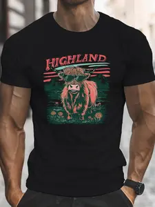 Men'S Plus Size Highland Cow Graphic T-Shirt, Casual Crew Neck Short Sleeve Tee, 100% Polyester Knit Fabric, Slight Stretch, Regular Fit, Summer Top for Daily Wear