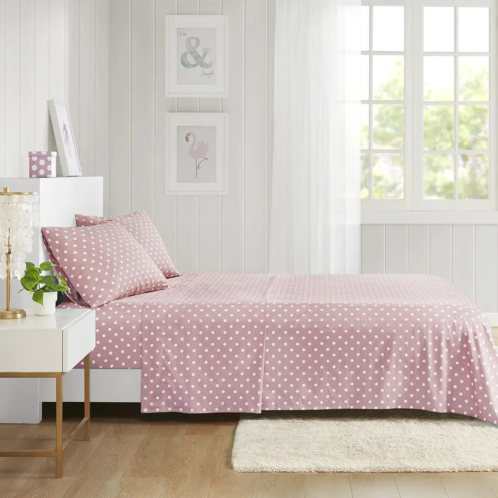 Bright and Soft Polka Dot Cotton Bedding Sheet Set, Fun and Casual Printed Sheets for Bedroom Use
