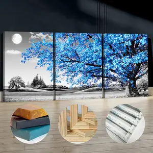 3Pcs Wooden Framed Canvas Painting, Blue Tree In Black And White Landscape, Exquisite Poster, Home Decoration, Pattern Wall Art Decor, For Living Room, Bedroom, Office, Restaurant, Bar Wall Decor, Odorless, Painting, Print Artwork.