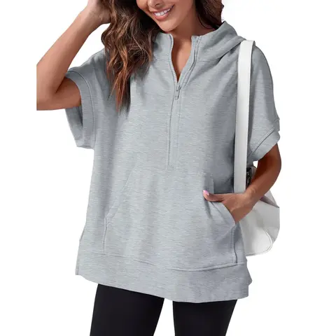 FISOEW Women's Basic Large 1/4 Zip Mock Neck Half Sleeve Pullover Sweatshirt - Super Oversized, Split-Half, Kangaroo Pockets, Loose-Fitting, Machine Washable, Lounge/Errands Casual Top (Fall Freshness)