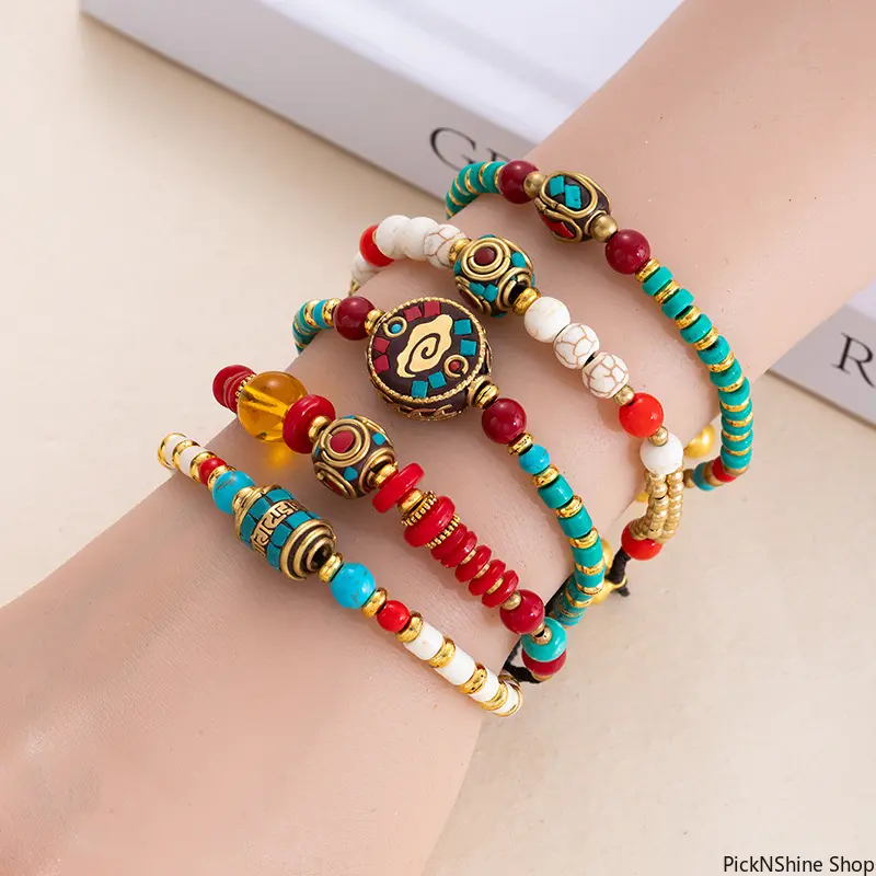 Boho Nepalese Tibetan Bracelets for Women, Handmade Stone Beading with Ethnic Motifs, Cultural Heritage Jewelry with Adjustable Size, Unisex, Handcrafted Art, Beaded Rope, Dimensions, Alloy, Everyday Wear, Vintage Alloy, Premium Gift Option, 50G, Arm Cand