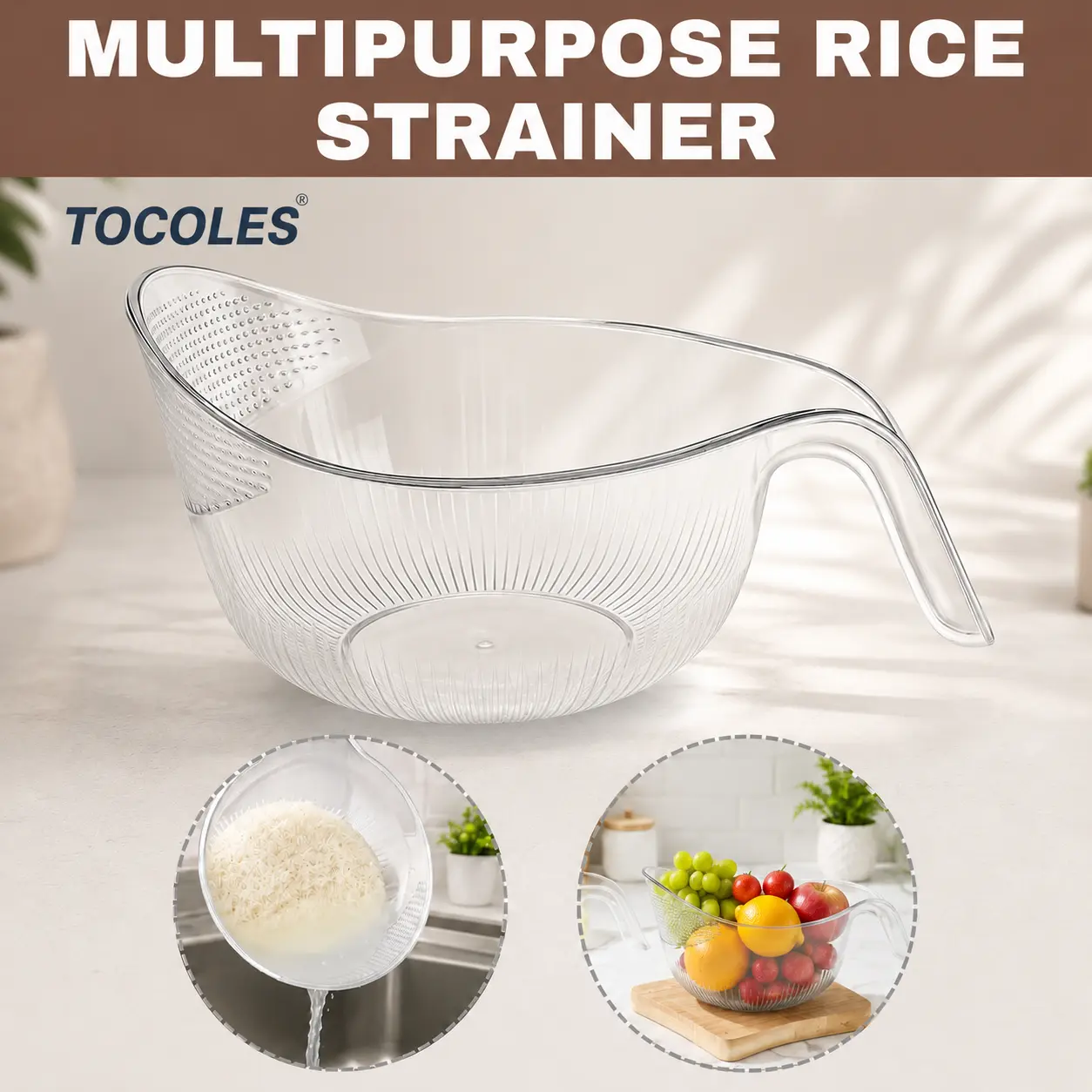 Aesthetic Multifunctional Rice Strainer with Handle - Sturdy BPA-Free Transparent Plastic Kitchen Colander, Utensil for Draining Vegetables, Fruits, Coffee Dispenser Set