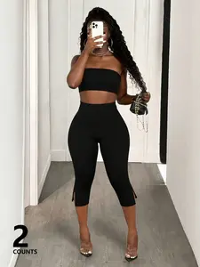 Women's Tube Top Set with High Waist Seven-Quarter Pants, Sexy Fitted Slim Two-Piece Womenswear for Party, Everyday and Casual Wear