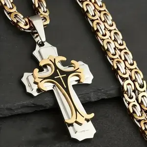 1 Count Unisex Vintage Handmade Multi-layered Necklace 18k Gold Plated Stainless Steel Cross Pendant Necklace Jewelry