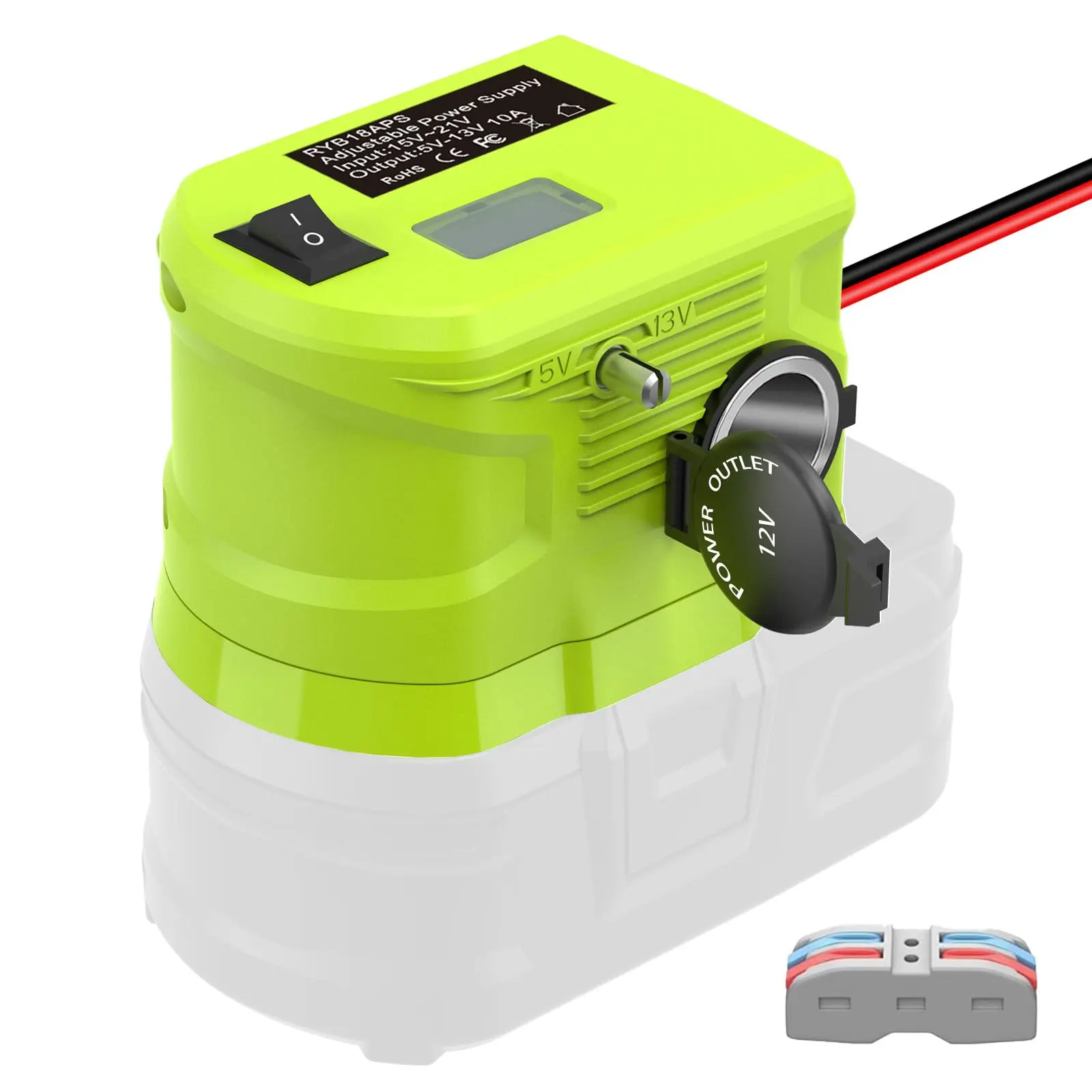 Adjustable 5V-13V Step-Down Power Adapter Compatible with for Ryobi 18V Batteries, 12V Socket, 10A 130W Max Output (Battery Not Included)