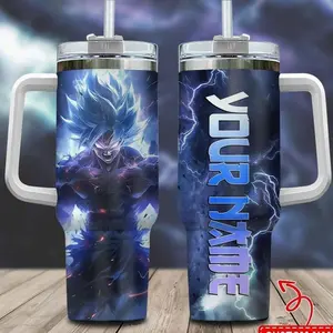 [DBZ] G0ku Blue Super Saiyan Custom Name 40oz Tumbler With Handle – Anime Gaming Style Stainless Steel Cup, Insulated Iced Coffee Travel Mug, Gift For Otaku & Anime Fans