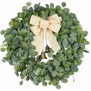 28" Large Eucalyptus Wreath with Vintage Bells Burlap Bow for Front Door, Farmhouse for Summer All, Lush Artificial Greenery Wreath for Entryways, Doors & Mantle