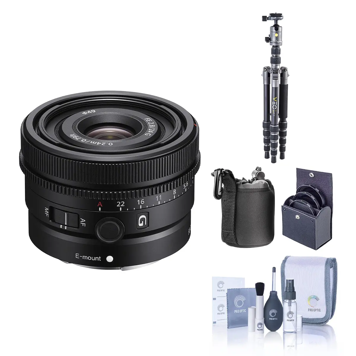Sony FE 24mm f/2.8 G Lens for Sony E, Bundle with VEO 3 GO 235AB 23mm 5-Section Aluminum Travel Tripod with T-50 Ball Head, 49mm Filter Kit, Cleaning Kit, Lens Case