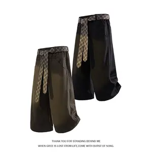 Summer retro plaid casual pants with a belt, loose wide-leg palazzo trousers
