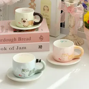 Adorable Cat Coffee Cup and Saucer Set, Cute Ceramic Drinkware Water Mug, Couple Mugs Available, Dishwasher Safe, Microwave Safe, Perfect Gift