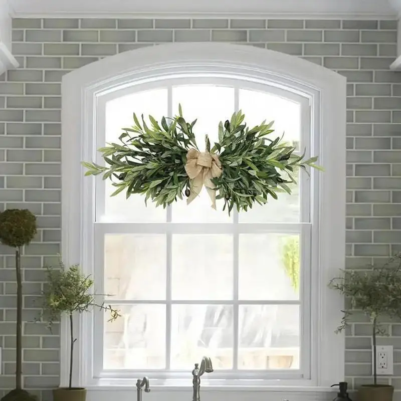 Artificial Plastic Olive Wreath & Garland Pack, Nature-Inspired Decoration with Olive Leaves, Easy-to-Clean All-Season Greenery Ornament for Front Door, Green Serenity Festive Use, Abs