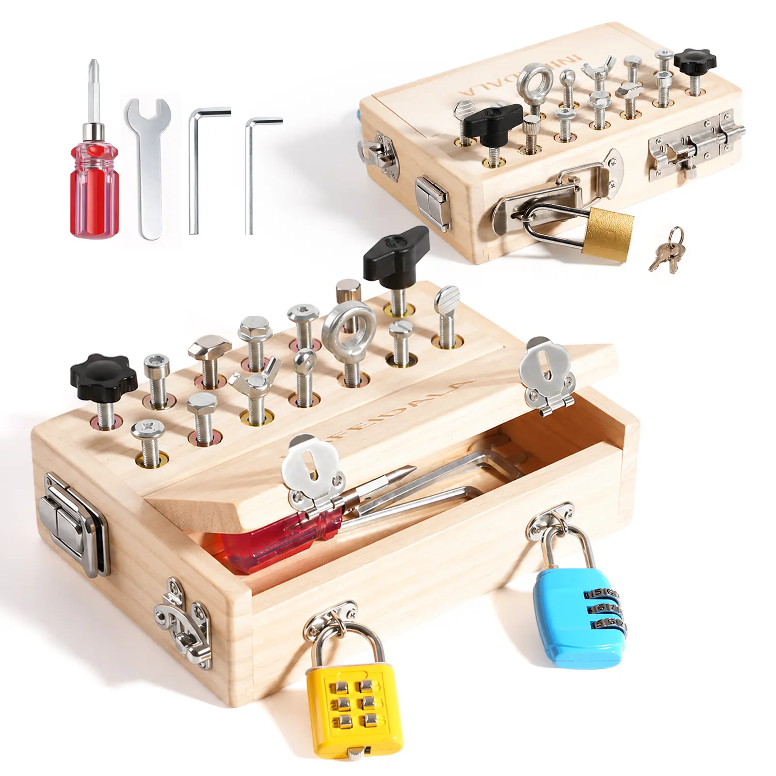 INIFEIDALA Montessori Screwdriver Board Set-Lock and Key Toy,Montessori Toys for 3 4 5 Year Old, Wooden Busy Board & Kid Tool Set,Preschool Educational Learning Fine Motor Skills - STEM Toys