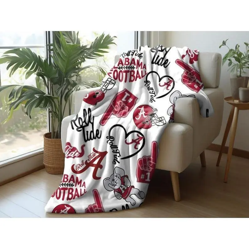 Classic Crimson Tide Velveteen Plush College Print Cozy Warm Blanket Throw - Custom Image, Fluffy Soft, Wrinkle Resistant, Home Decor Blankets, Alabama Fans' Indoor Watch Party Gift