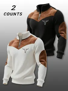 Men's 2-Piece Stand Collar Pullover Set, Fall & Winter Warm Half-Zip Cow Head Pattern Patchwork Ribbed Vintage Streetwear Sweatshirt