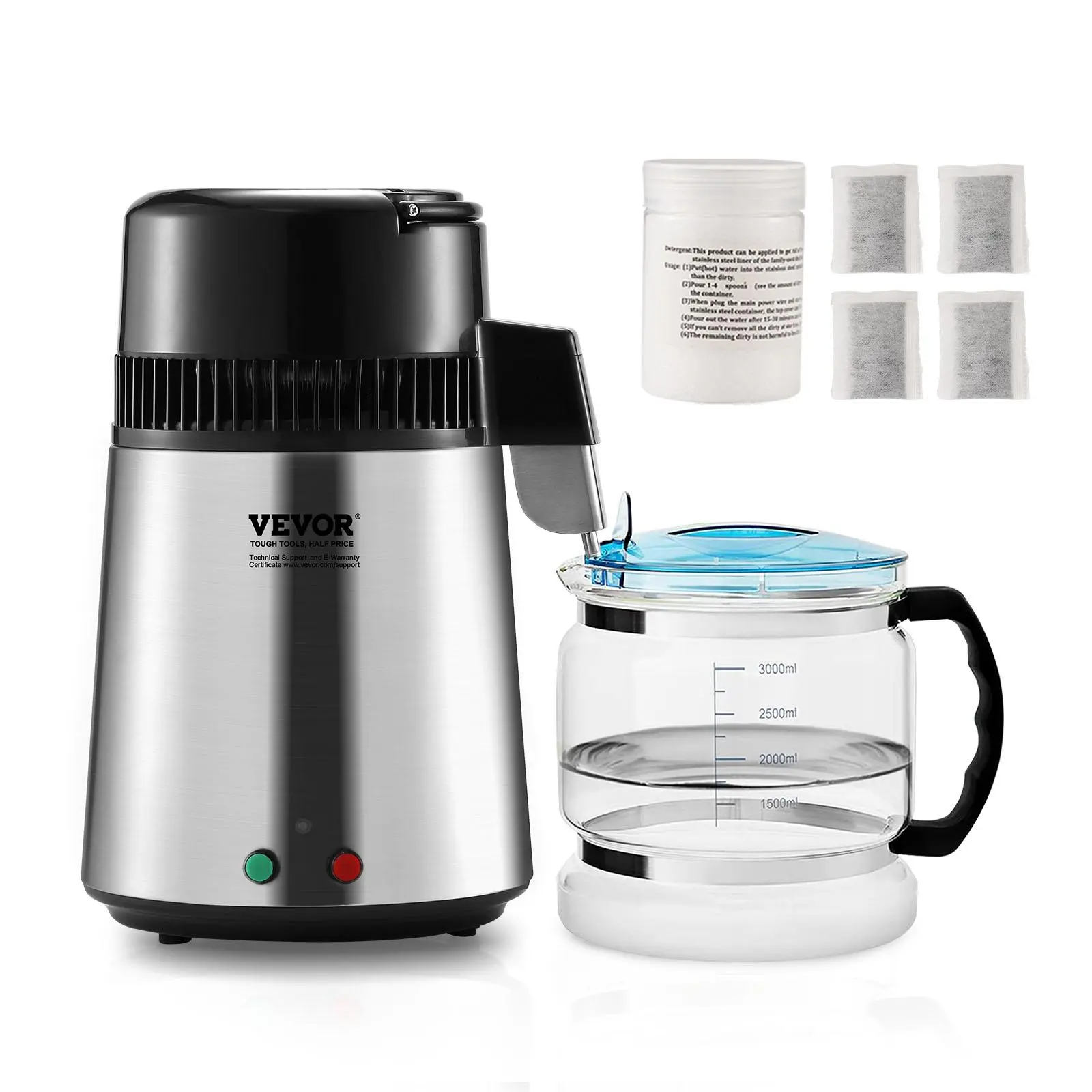 【summerfinds】VEVOR Water Distiller, 4L 1.05 Gallon Pure Water Purifier Filter For Home Countertop, 750W Distilled Water Maker, Stainless Steel Interior Distiller Water Making Machine to Make Clean Water, Silvery