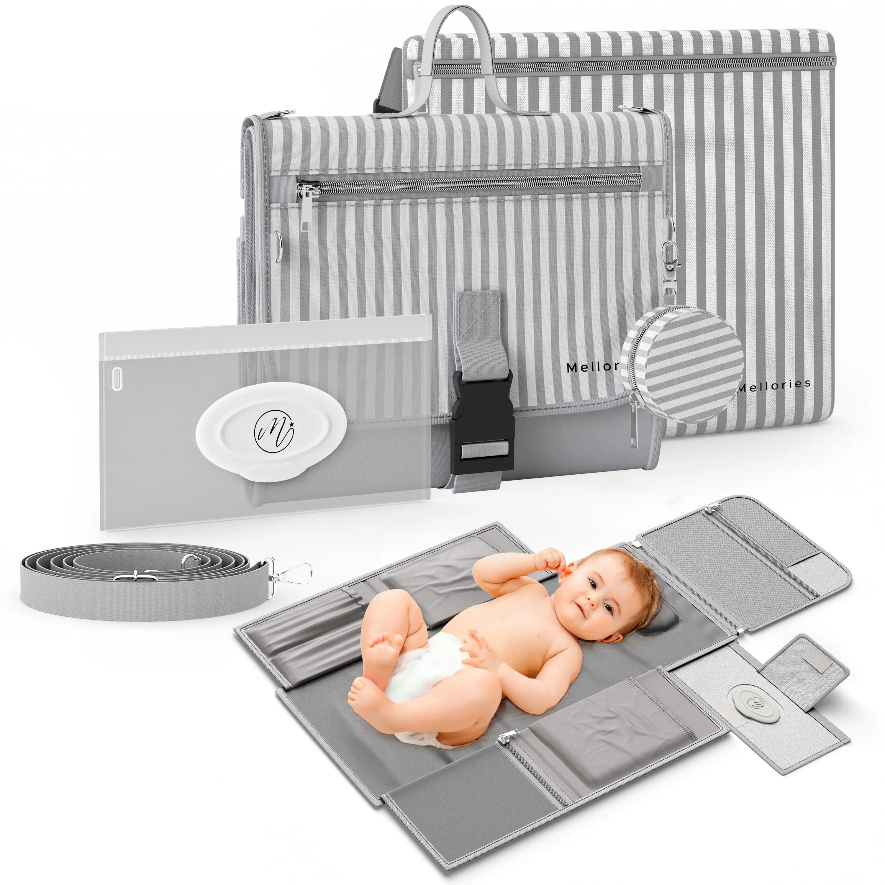 Mellories Portable Diaper Changing Pad - Large, Waterproof Travel Changing Pad for Baby with Extra Storage, Wipes Pocket & Pacifier Case - Portable Diaper Changing Station - Gray Striped