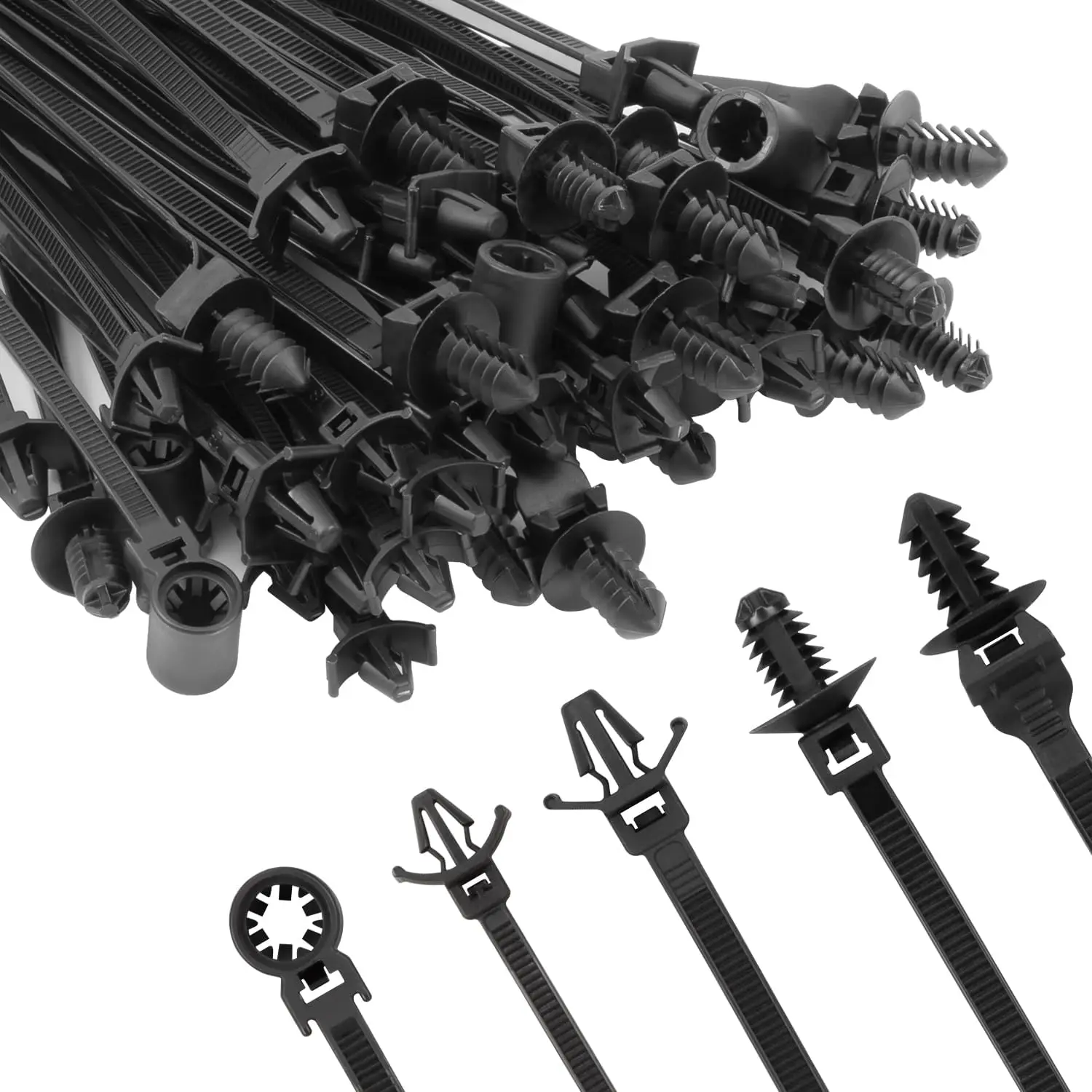 Armpow 110-Piece Black Push Mount Cable Zip Ties, Heavy Duty Self-Locking, UV Resistant, Assorted Sizes for Automotive, Indoor Wire Bundling & Construction