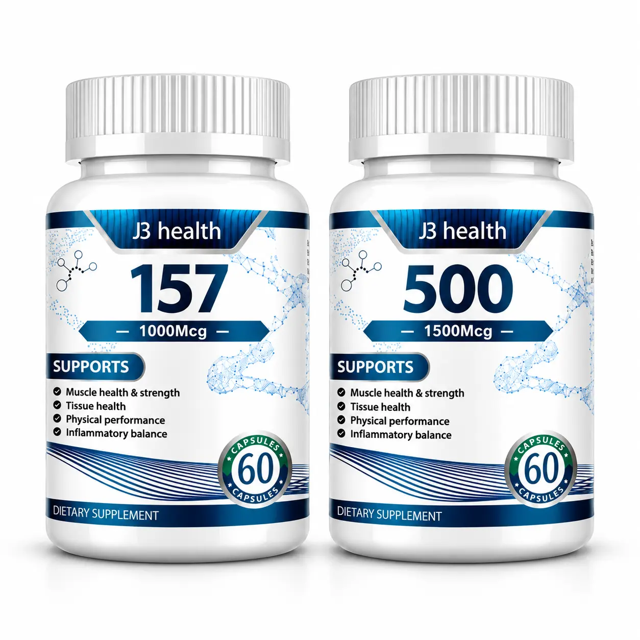 J3 HEALTH 157 + 500 Dual Formula Stack, Muscle Health, Tissue Wellness & Physical Performance Support, 2-Bottle Bundle, 120 Capsules