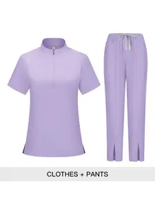 Stand Collar Zipper Short Sleeve And Pants Two Piece Uniform Breathable Workwear For Hospital Nursing Home Doctor Nurse