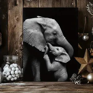 Wooden Frame Elephant Canvas Art Print - Black and White, Wall Decoration with Mother Elephant and Baby Elephant Illustration - Perfect for Living Room, Bedroom, Office - Unique Gift Idea, Room Decoration, Indoor Decoration