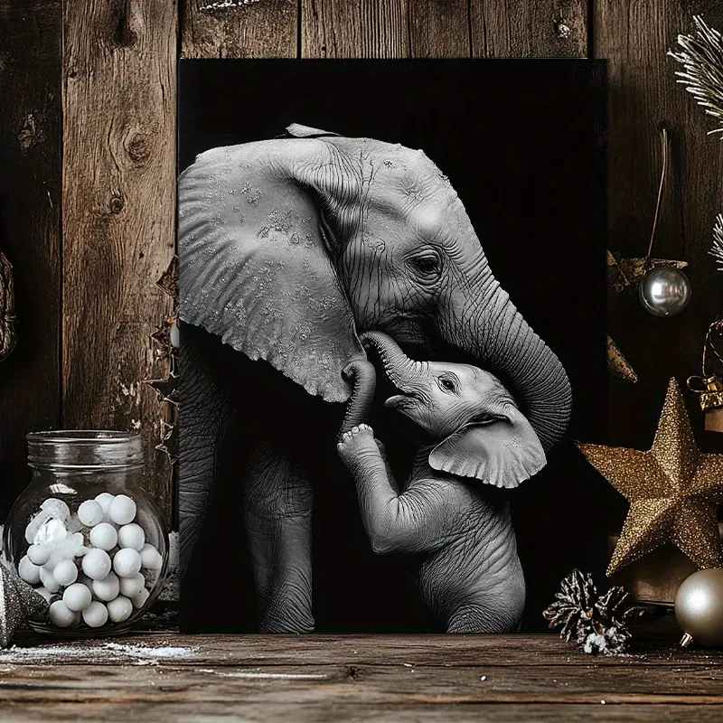 Wooden Frame Elephant Canvas Art Print, Animal Prints - Black and White, Wall Decoration with Mother and Baby Elephant Illustration - Perfect for Living Room, Bedroom - Gift Idea, Room Decoration, Decoration Items