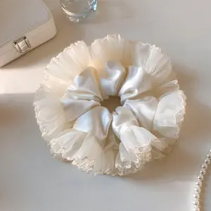 Oversized Satin Scrunchies for Women(1 Pack), Elegant Cream White Tulle Ruffle Large Hair Ties, Soft Chiffon Ponytail Holder for Thick Hair, Aesthetic Mesh Edge Scrunchy Hair Accessories for Wedding & Party