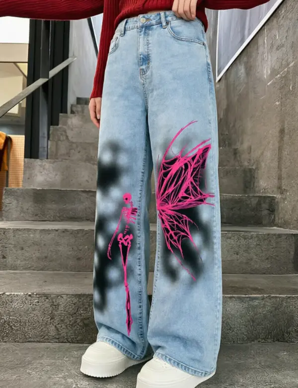 Gothic Hot Pink Skeleton Spider Web Butterfly Smoke Print Straight Wide Leg Denim Jeans Unisex High Waist Vintage Light Wash Loose Trousers