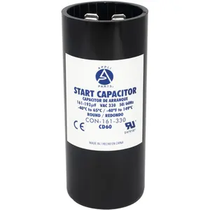 Appli Parts motor start capacitor 161-193 Mfd (microfarads) uF 330 VAC universal fit for electric motor applications 1-7/16 in Wide 3-3/8 in Height CON-161-330
